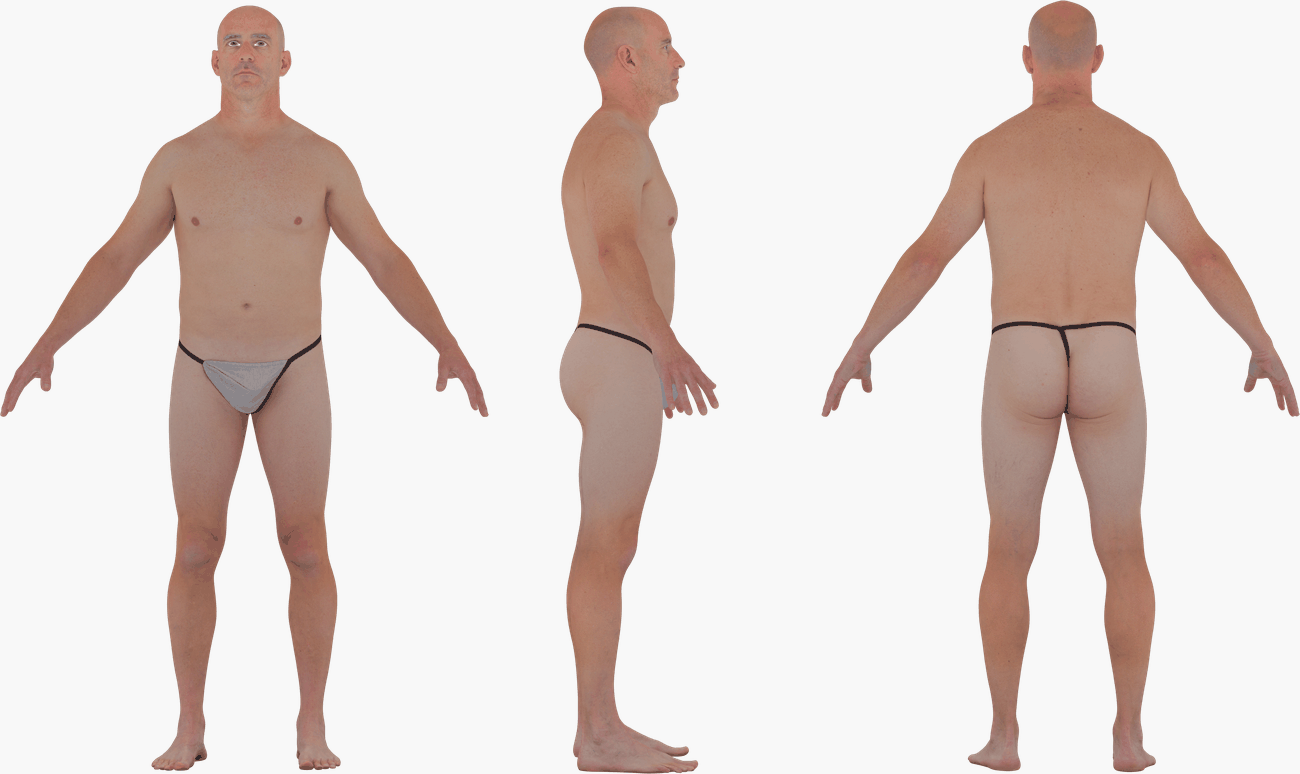 PBR texture map set for a male body scan including Albedo, Diffuse, Normal, Specular and Metalness maps at 16K resolution